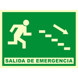 SEÑAL SALIDA DE EMERGENCIA ESCALERAS ABAJO A DERECHAS FOTOLUMINISCENTE PVC 21X29 cm