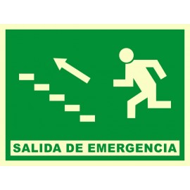 SEÑAL SALIDA DE EMERGENCIA ESCALERAS ARRIBA A IZQUIERDAS FOTOLUMINISCENTE PVC 21X29